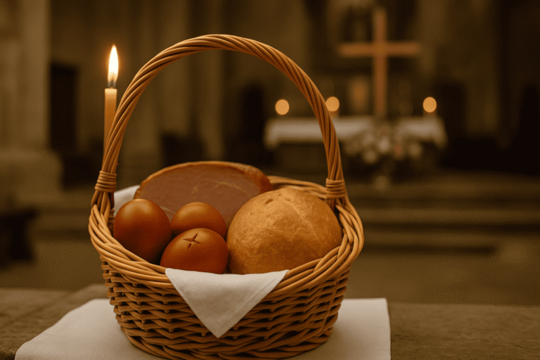 Blagoslov uskrsne košare s jajima, šunkom i kruhom u crkvi, simbol tradicije i radosti.