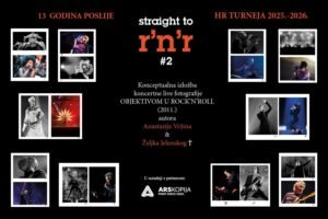 Fotografija izložbe „Objektivom u rock 'n' roll“ s koncertnim fotografijama Anastazije Vržine i Željka Jelenskog.