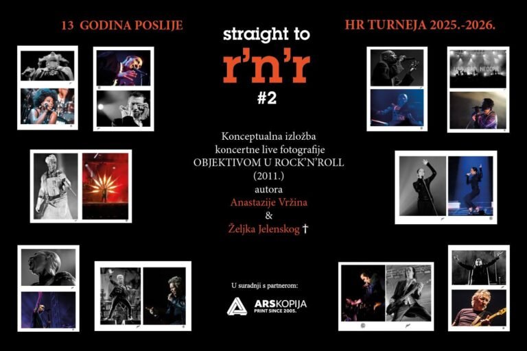 Fotografija izložbe „Objektivom u rock 'n' roll“ s koncertnim fotografijama Anastazije Vržine i Željka Jelenskog.