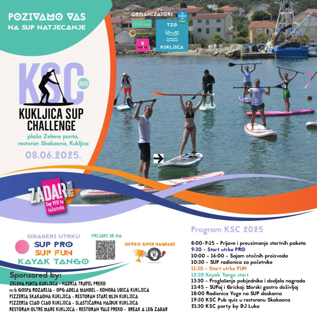 Natjecatelji na SUP daskama tijekom KSC - Kukljica SUP Challenge 2025 na plaži Zelena punta