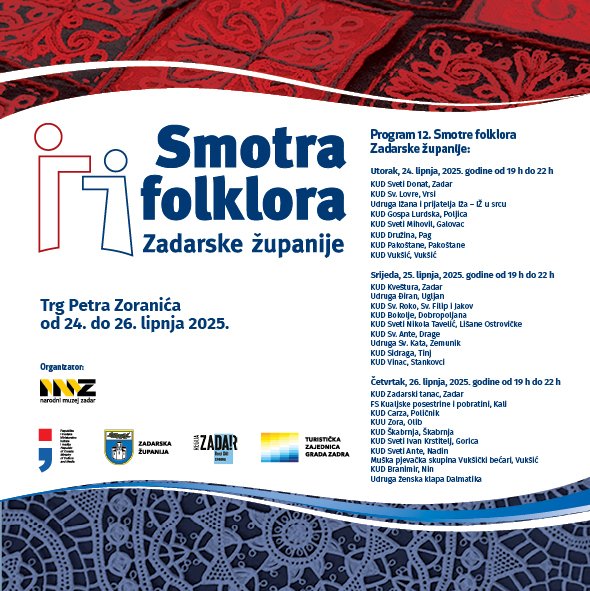 Nastup kulturno-umjetničkog društva na Smotri folklora Zadarske županije 2025. na Trgu Petra Zoranića u Zadru