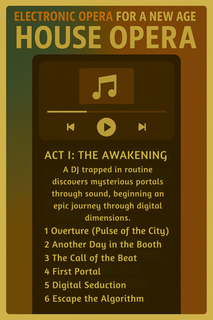 Promotional image for HOUSE OPERA concept album featuring electronic and theatrical motifs