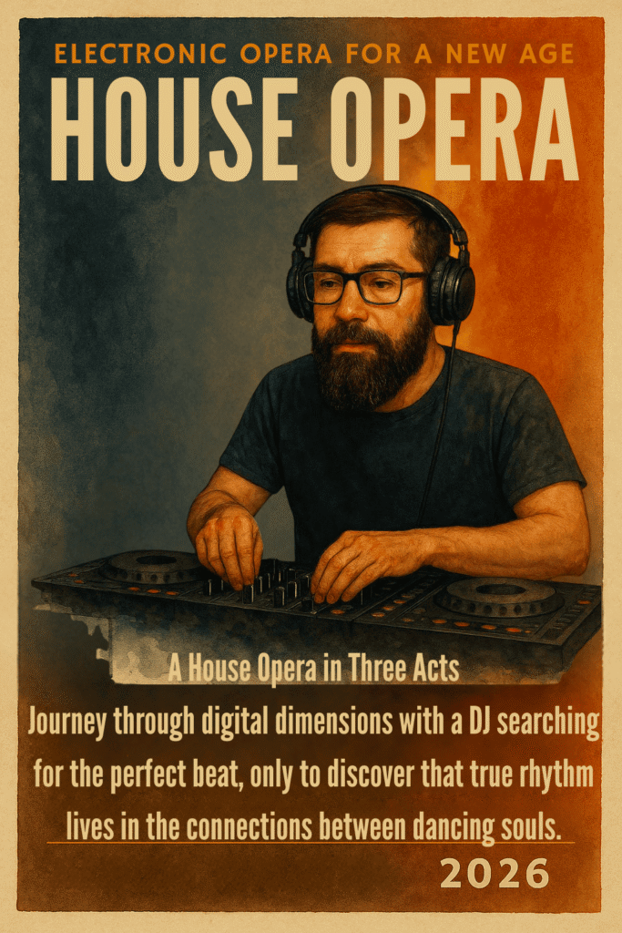Promotional image for HOUSE OPERA concept album featuring electronic and theatrical motifs
