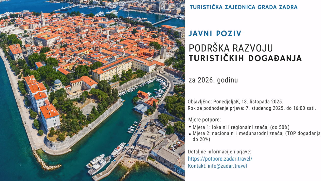 Vizual s naslovom Javnog poziva za turistička događanja u Zadru za 2026. godinu