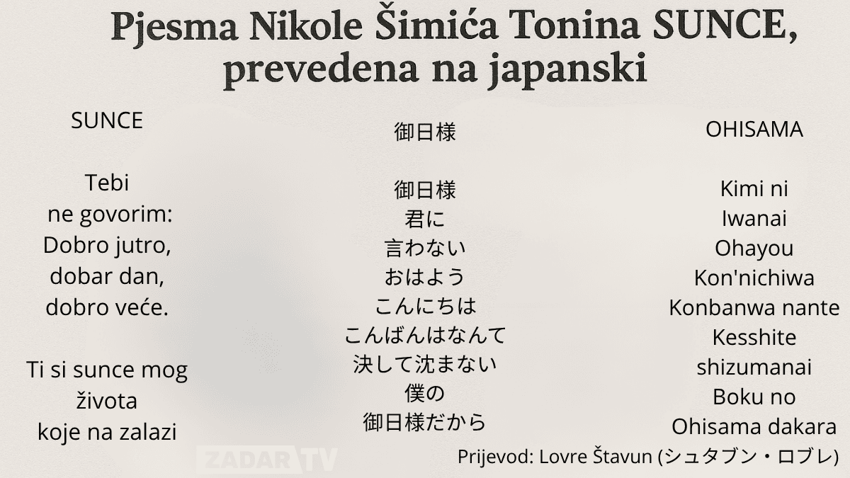 naslovna grafika s tekstom "Pjesma 'Sunce' Nikole Šimića Tonina prevedena na japanski" na plavom gradientu