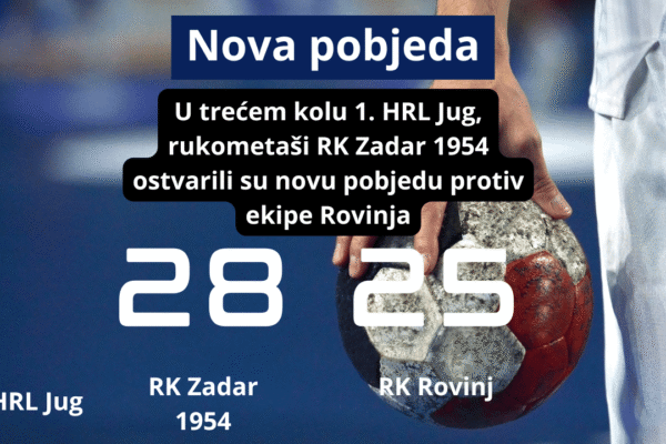 Vizual s naslovom Pobjeda RK Zadar 1954 nad Rovinjom u 3. kolu 1. HRL Jug, logotipom Zadar TV i ilustracijom rukometne lopte na plavoj pozadini