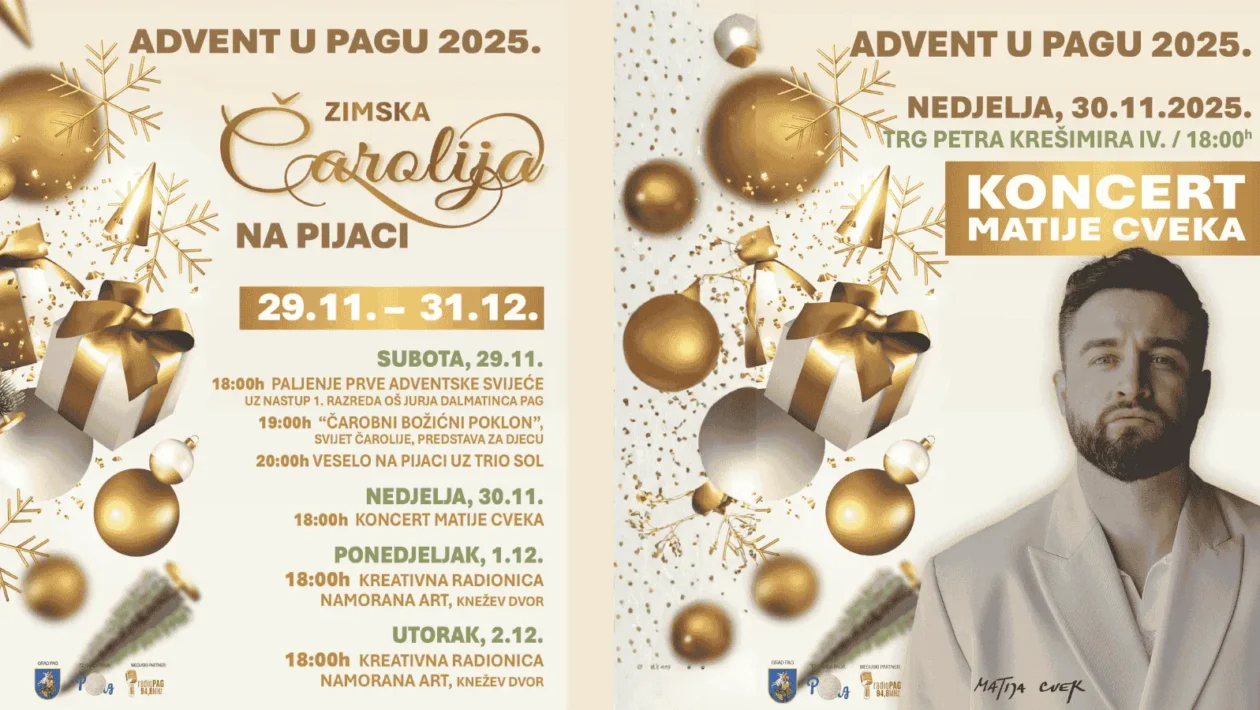 Otvorenje Adventa u Pagu 2025 na Trgu P. Krešimira IV s blagdanskim dekoracijama
