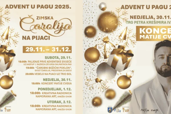 Otvorenje Adventa u Pagu 2025 na Trgu P. Krešimira IV s blagdanskim dekoracijama