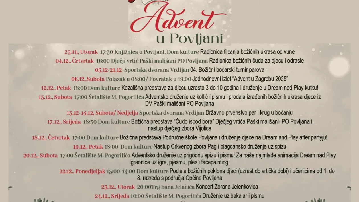 Advent u Povljani 2025 – božićne radionice, koncerti i blagdanska druženja