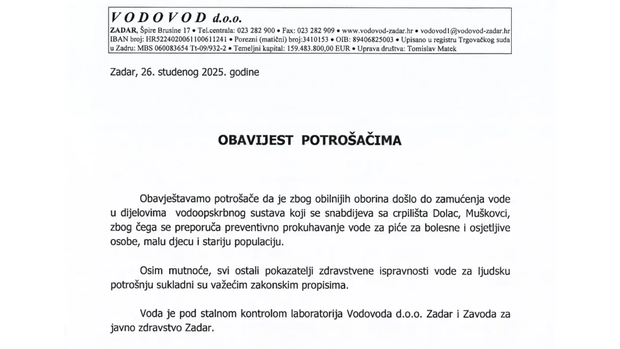 Obavijest potrošačima o zamućenju vode u Zadru zbog obilnih oborina