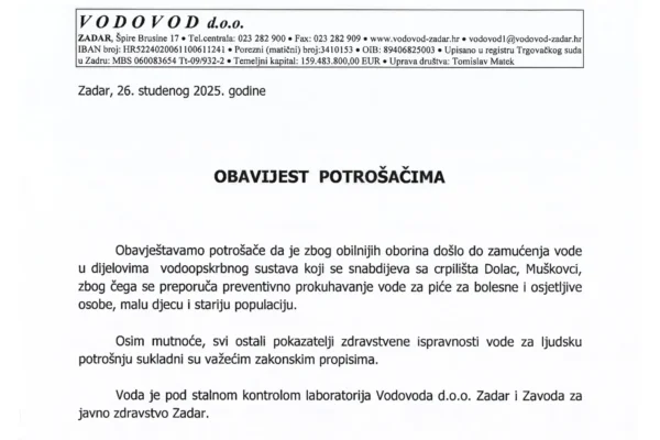 Obavijest potrošačima o zamućenju vode u Zadru zbog obilnih oborina