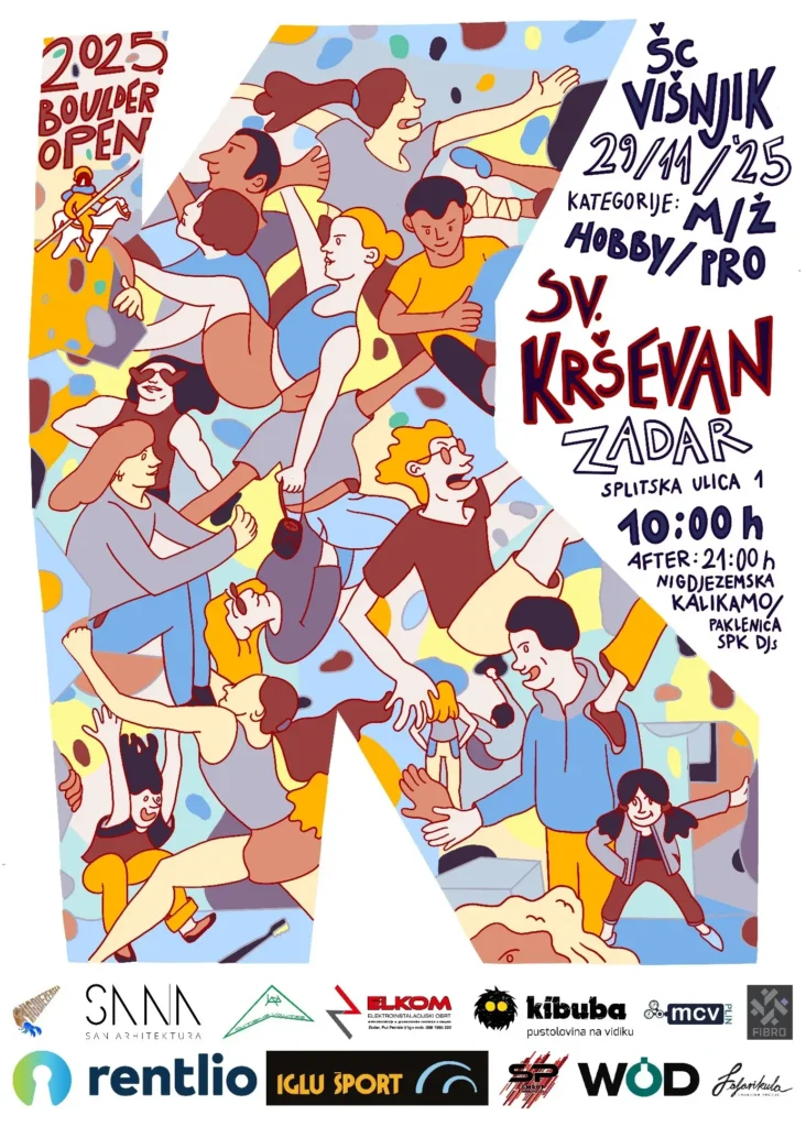 Natjecatelji na Sv. Krševan Boulder Open 2025 u Zadru, sportsko penjanje u dvorani ŠC Višnjik