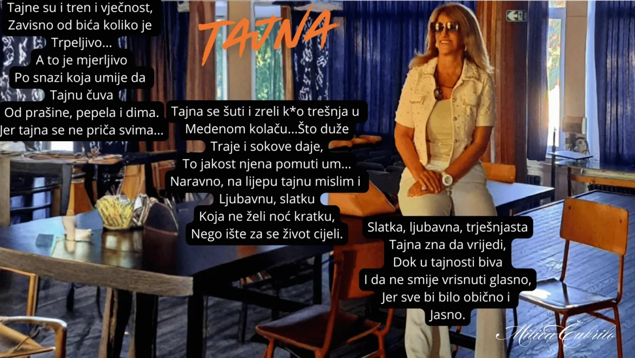 Milica Čubrilo sjedi, a pored nje su ispisani stihovi pjesme Tajna