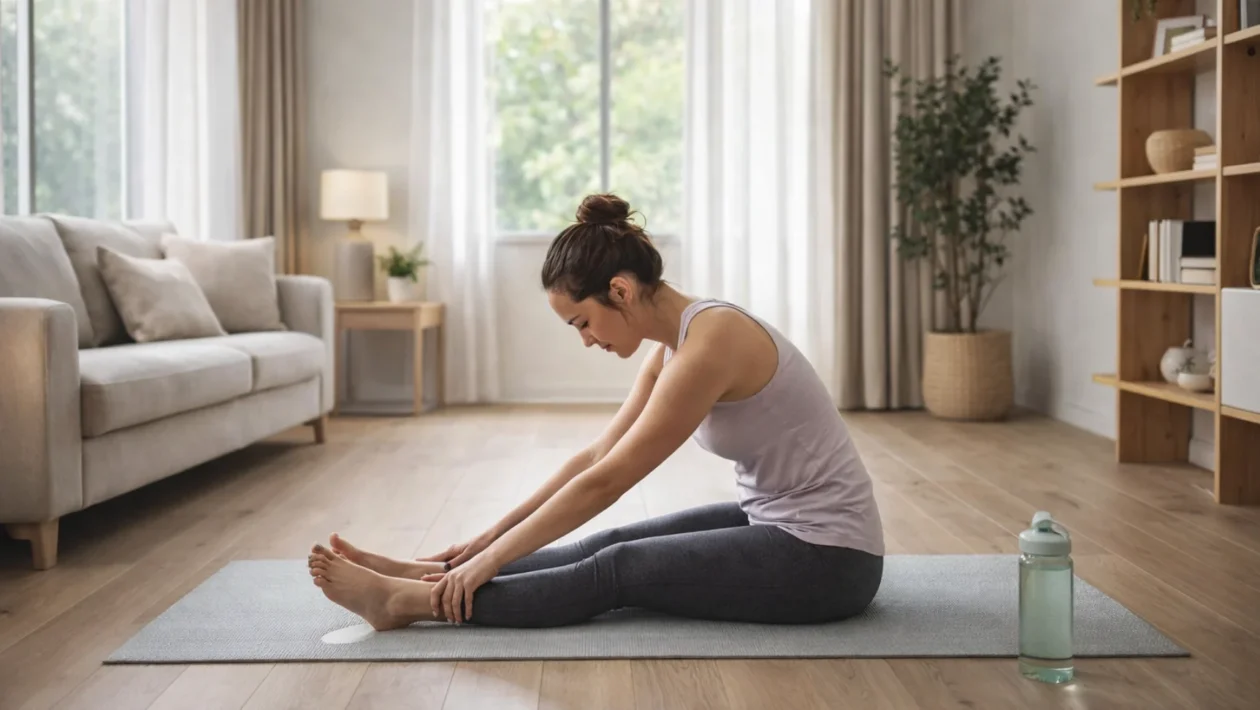 Početnik radi jednostavno istezanje kod kuće u dnevnom boravku, opuštena atmosfera i rutina istezanja za bolje zdravlje
