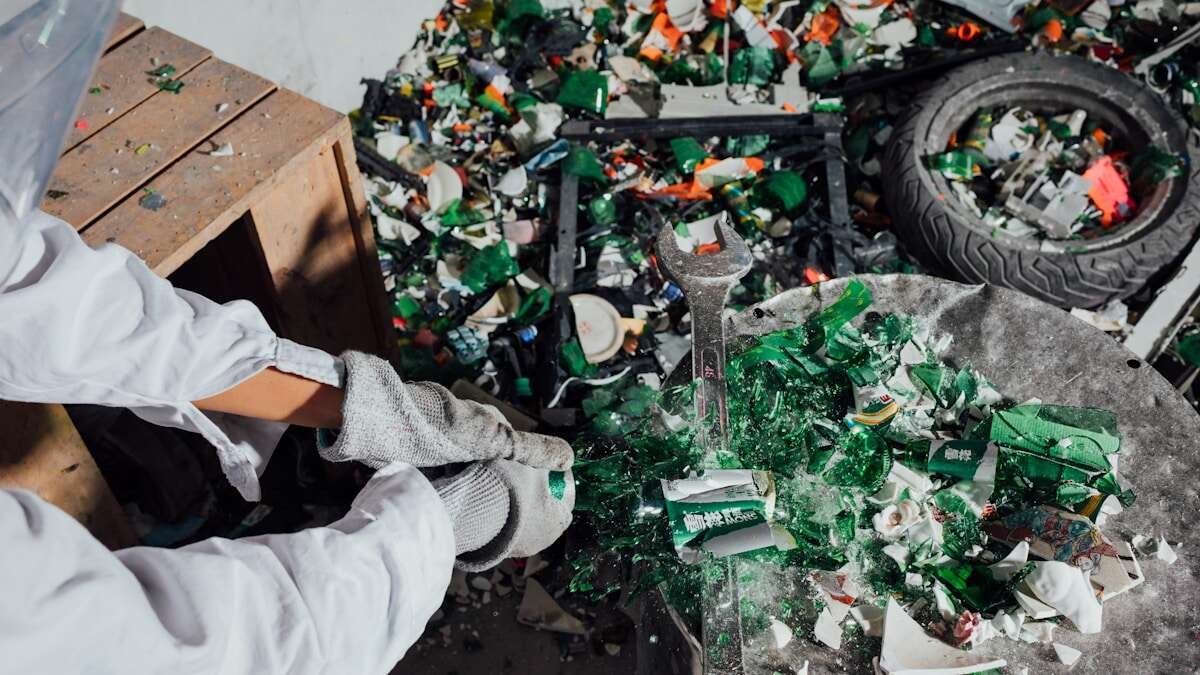 Osoba stiska metalnu limenku kako bi smanjila njezin volumen prije reciklaže, prikaz praktičnog postupka pripreme otpada.