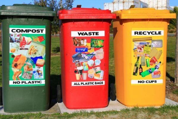 Bliski prikaz šarenih kanti za recikliranje plastike s jasno označenim simbolima za recikliranje, idealno za edukaciju o pravilnom razvrstavanju otpada.