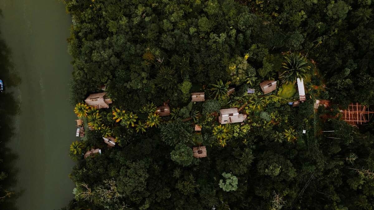 Pogled iz zraka na ljude koji sortiraju otpad u vrtu, s jasno označenim spremnicima za recikliranje.