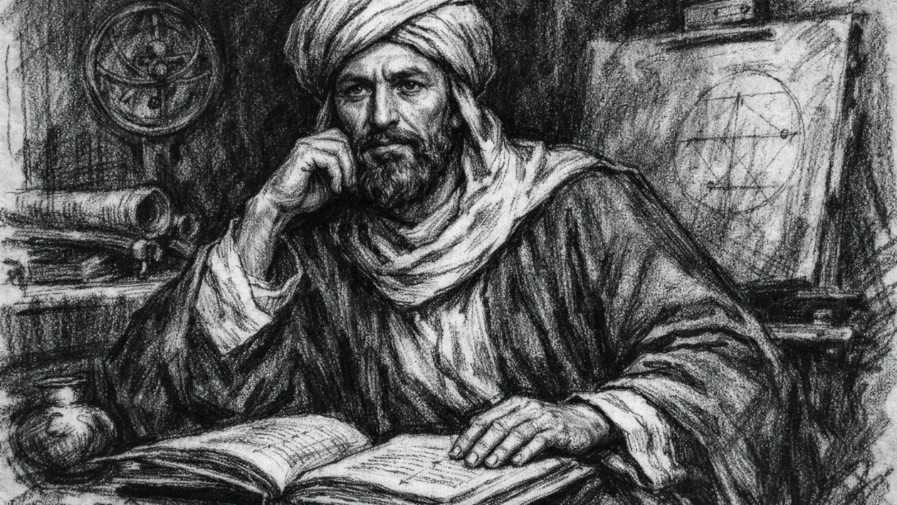 Portret znanstvenika Al-Khwarizmija u ugalj stilu, crno-bijeli prikaz s naglašenim kontrastom i izražajnim linijama.