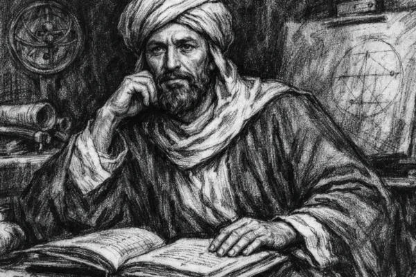 Portret znanstvenika Al-Khwarizmija u ugalj stilu, crno-bijeli prikaz s naglašenim kontrastom i izražajnim linijama.