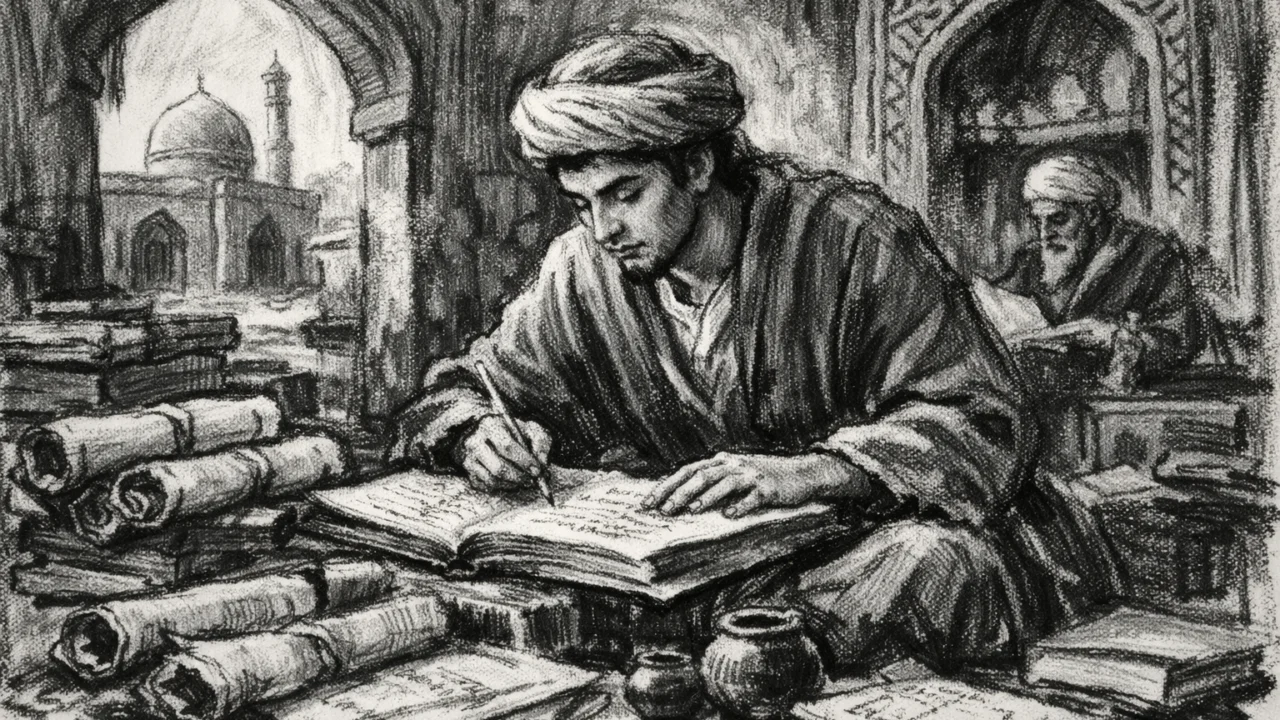 Mladi Al-Khwarizmi u ranim godinama obrazovanja u Hvarazmu, prikazan u ugalj stilu s povijesnim detaljima.