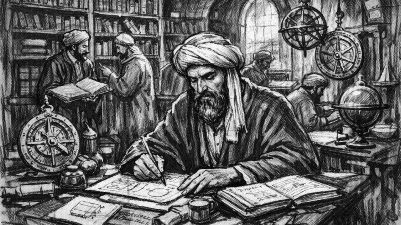 Al-Khwarizmi u Kući mudrosti u Bagdadu, okružen znanstvenicima i knjigama, u crno-bijelom ugalj stilu.