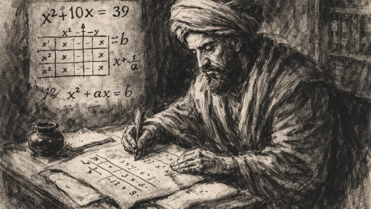 Scena Al-Khwarizmija kako piše matematičke proračune, prikazana u ugalj stilu s naglaskom na znanstveni rad.