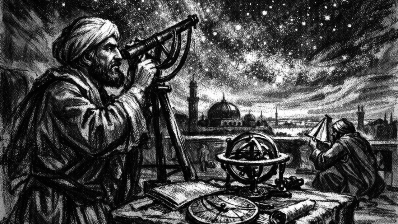Al-Khwarizmi tijekom astronomskih promatranja pod zvjezdanim nebom, ilustriran u ugalj stilu.