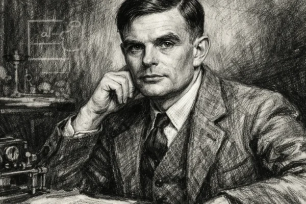 Portret Alana Turinga u ugalj stilu, crno-bijeli prikaz znanstvenika s izražajnim linijama i visokim kontrastom