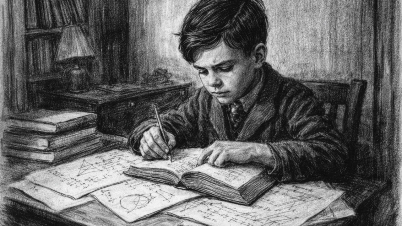 Mladenički prikaz Alana Turinga kako proučava matematiku, nacrtan u ugalj stilu s naglašenim kontrastom