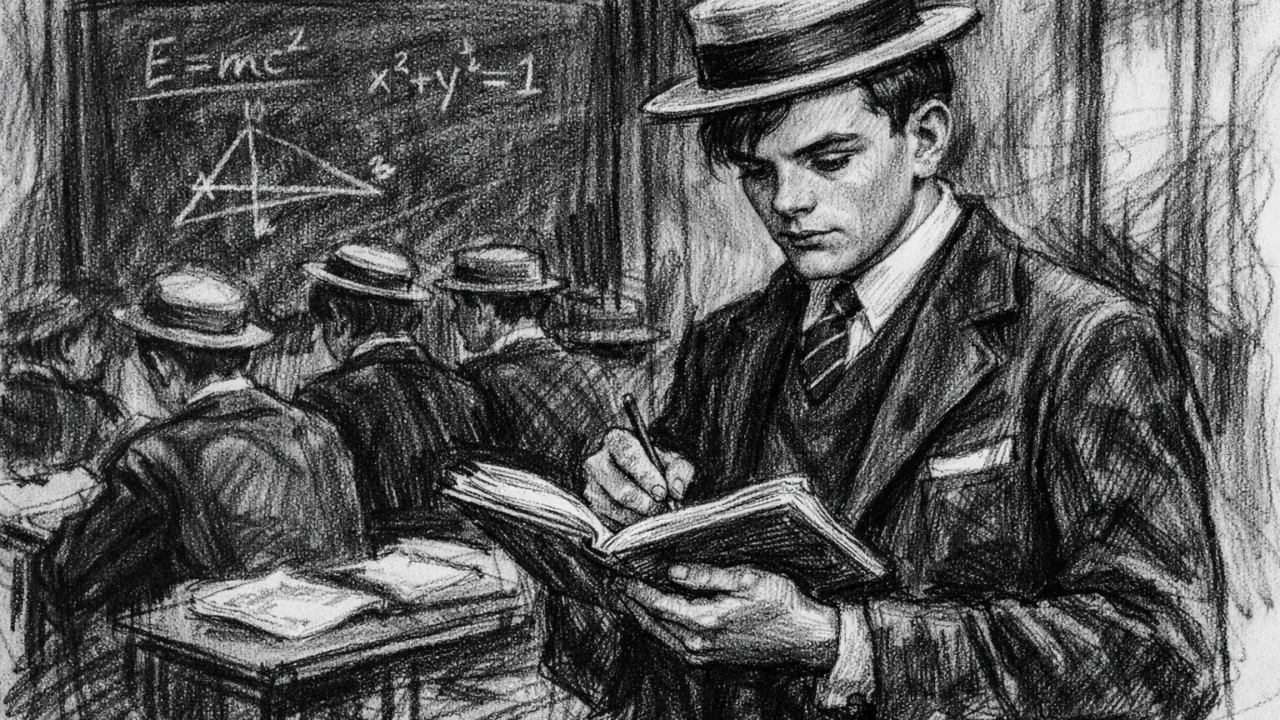 Alan Turing u školskim danima u Sherborneu, prikazan u ugalj stilu s izražajnim linijama