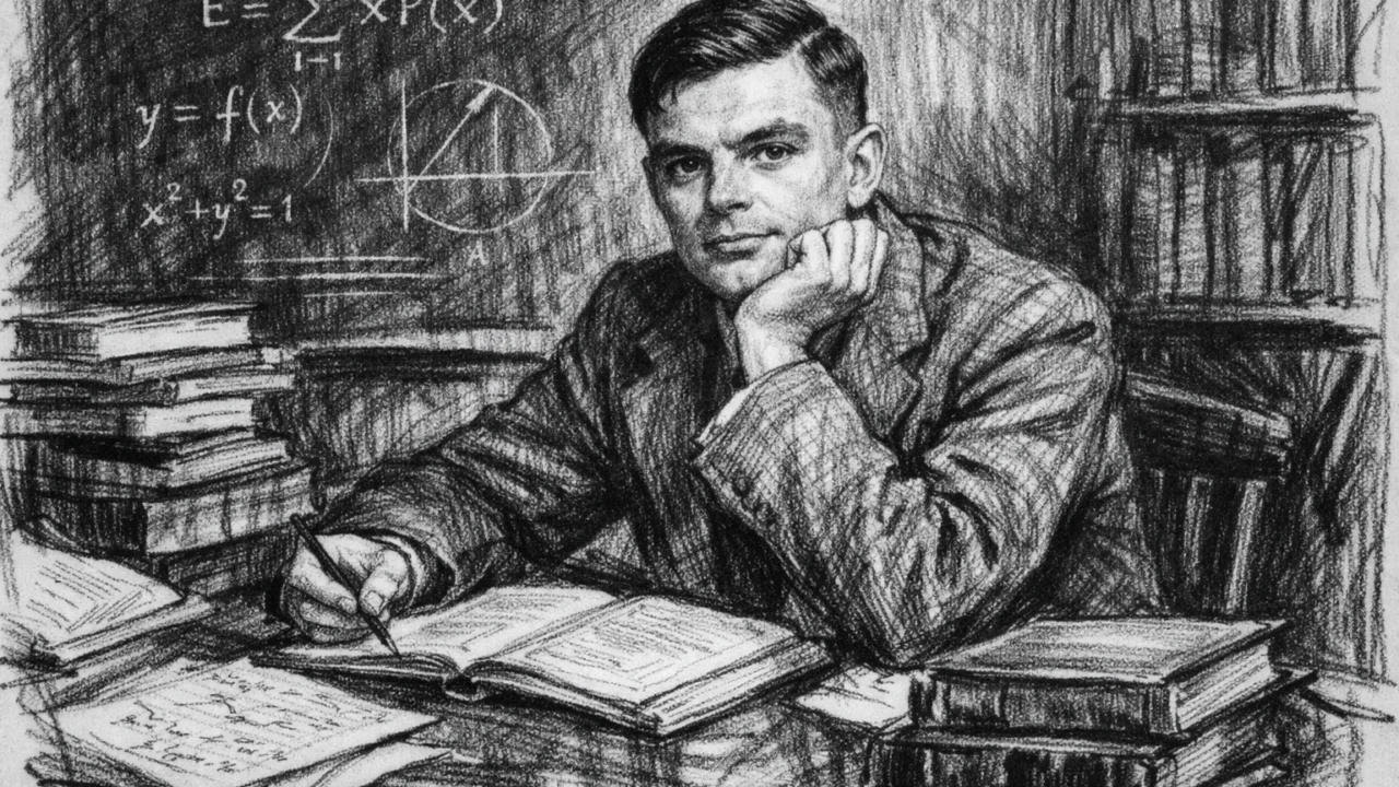Alan Turing tijekom studija na Cambridgeu, umjetnički prikaz u ugalj stilu i crno-bijelom kontrastu