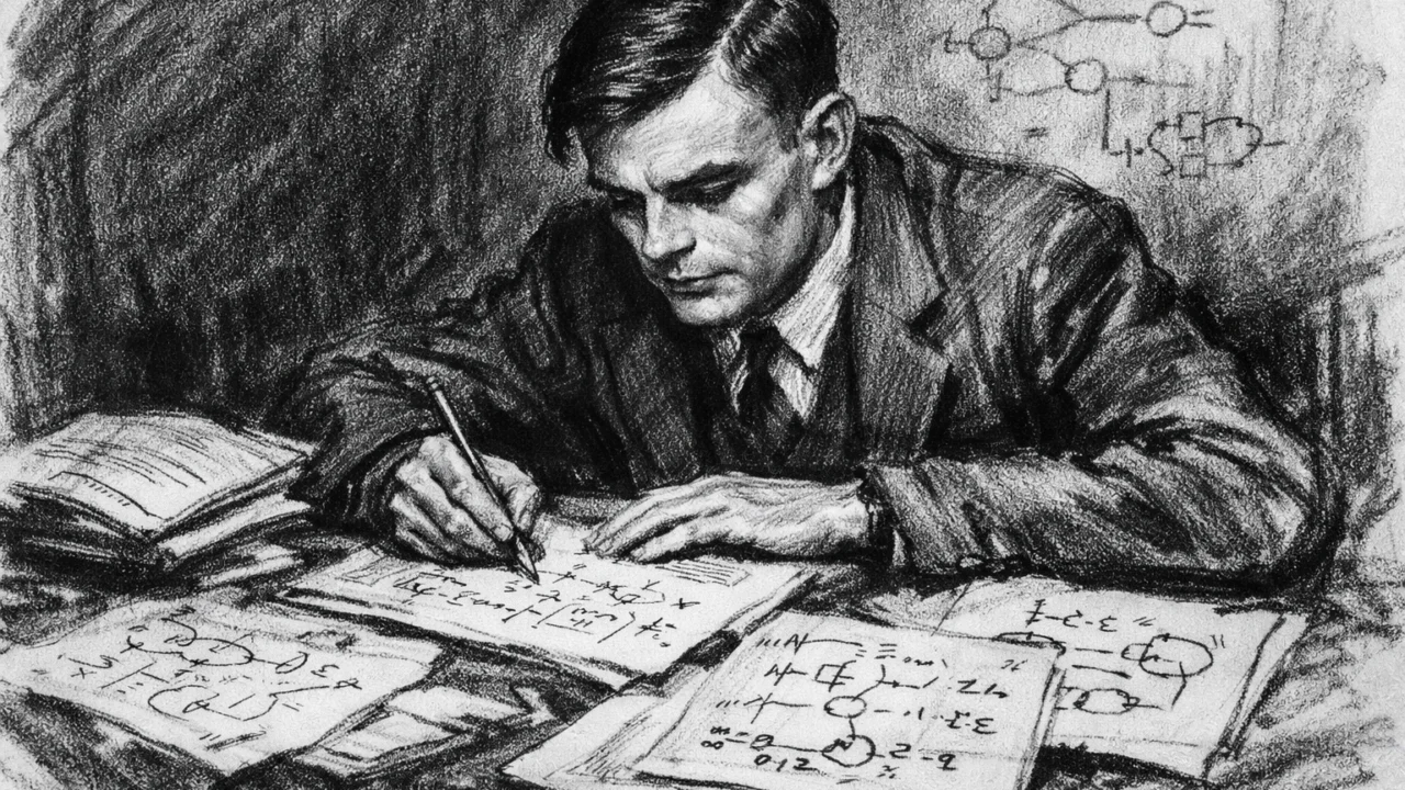 Prikaz Alana Turinga dok razvija matematičku logiku, nacrtano u ugalj stilu s visokim kontrastom