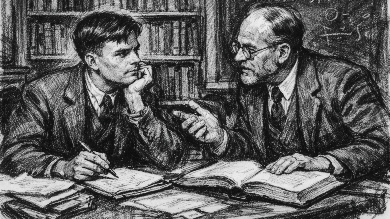 Alan Turing na Sveučilištu Princeton tijekom doktorata, prikazan u dosljednom ugalj stilu