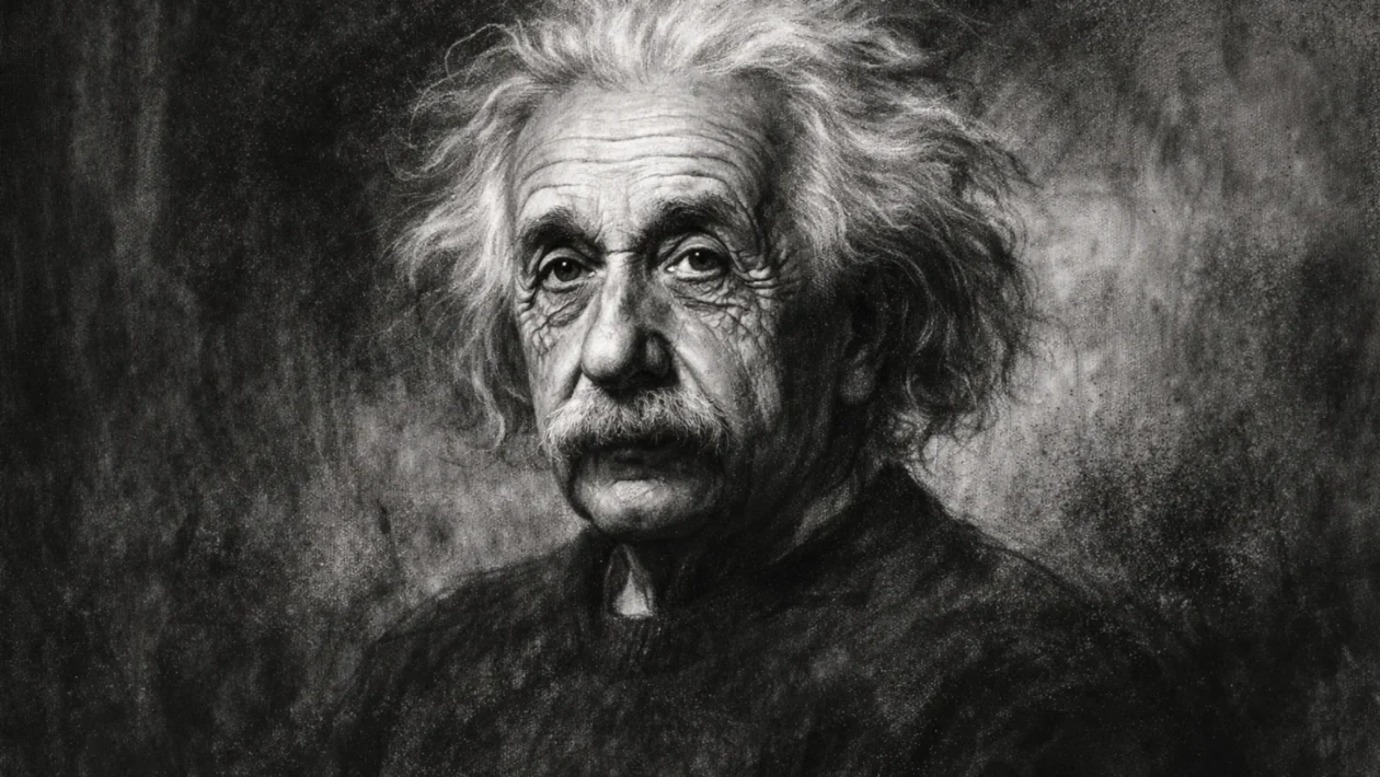 Portret Alberta Einsteina u ugalj stilu, crno-bijeli crtež visoke kontrastnosti s izražajnim linijama.