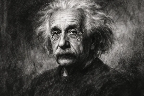 Portret Alberta Einsteina u ugalj stilu, crno-bijeli crtež visoke kontrastnosti s izražajnim linijama.