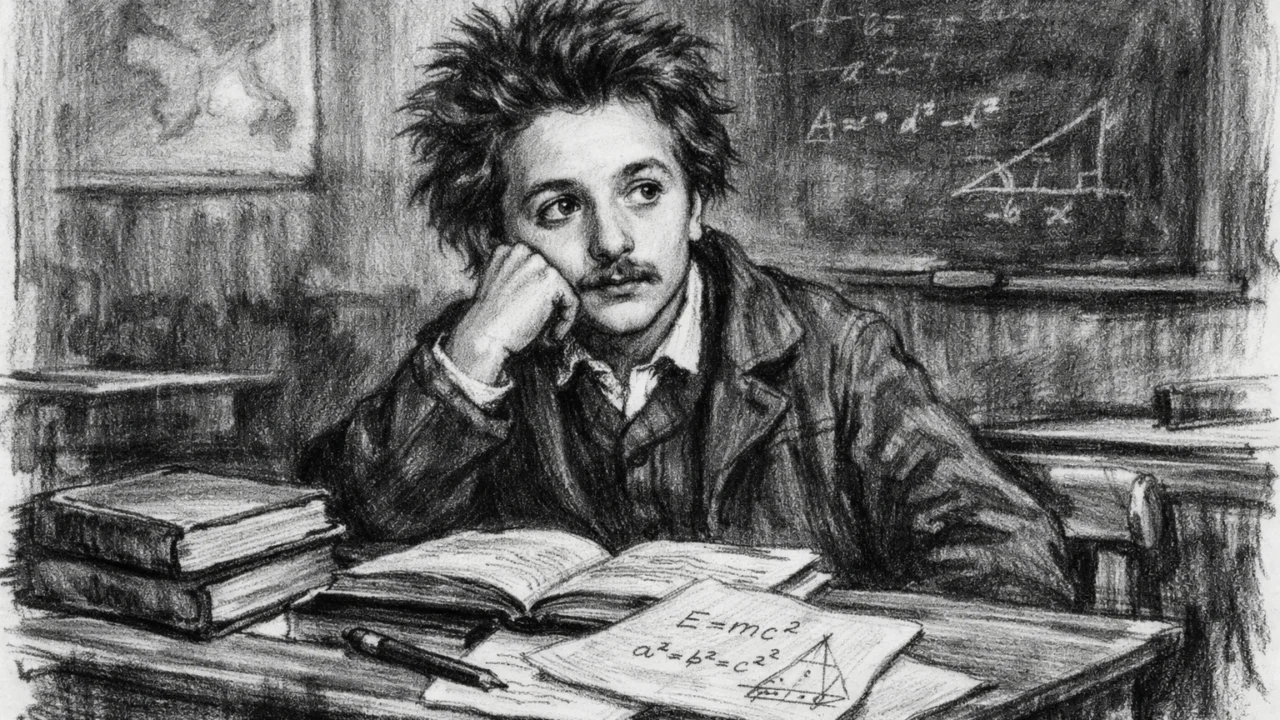 Mladi Albert Einstein kao učenik u ugalj stilu, prikaz školskih dana u crno-bijeloj tehnici.