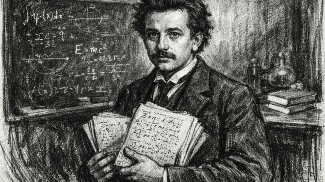 Albert Einstein tijekom studija u Zürichu u ugalj stilu, znanstvena atmosfera u crno-bijelom crtežu.