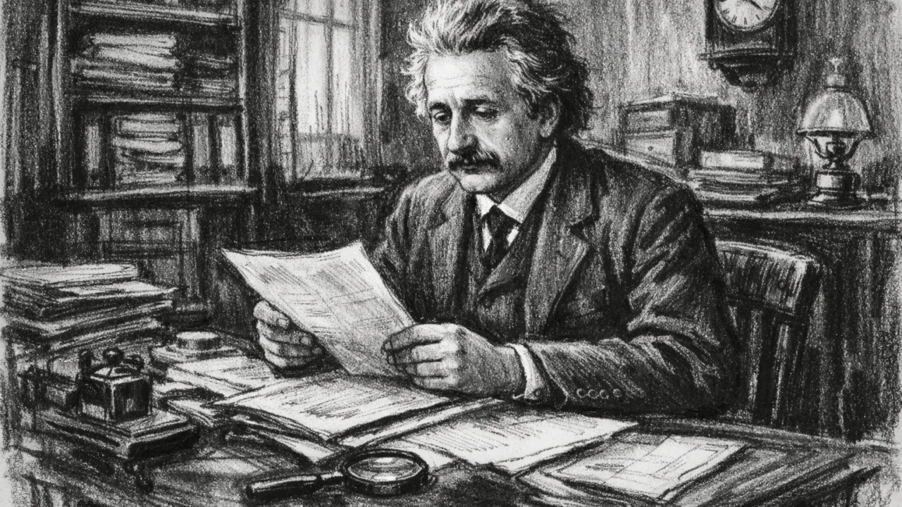 Albert Einstein u Švicarskom patentnom uredu u ugalj stilu, povijesna scena u crno-bijelom crtežu.