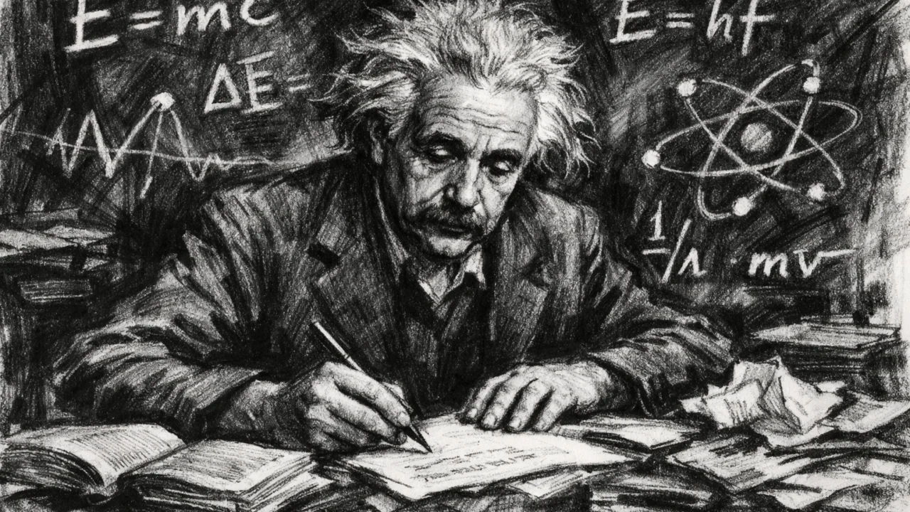 Albert Einstein u razdoblju annus mirabilis u ugalj stilu, simboli fizike i snažan kontrast.
