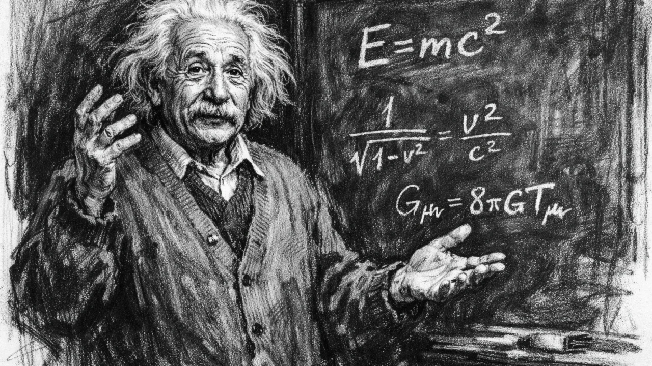 Albert Einstein kao profesor u ugalj stilu, crno-bijeli prikaz objašnjavanja znanstvenih ideja.