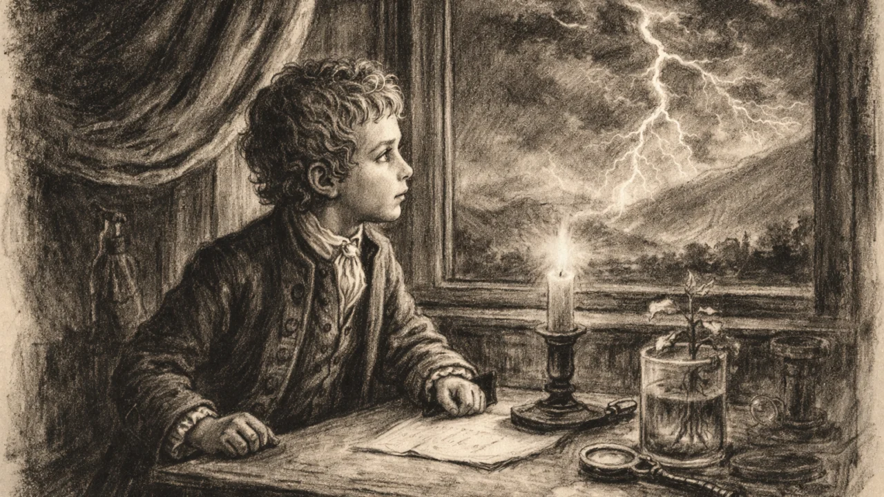 Mladi Alessandro Volta u ranoj dobi kako promatra prirodne pojave, prikazan u ugalj stilu