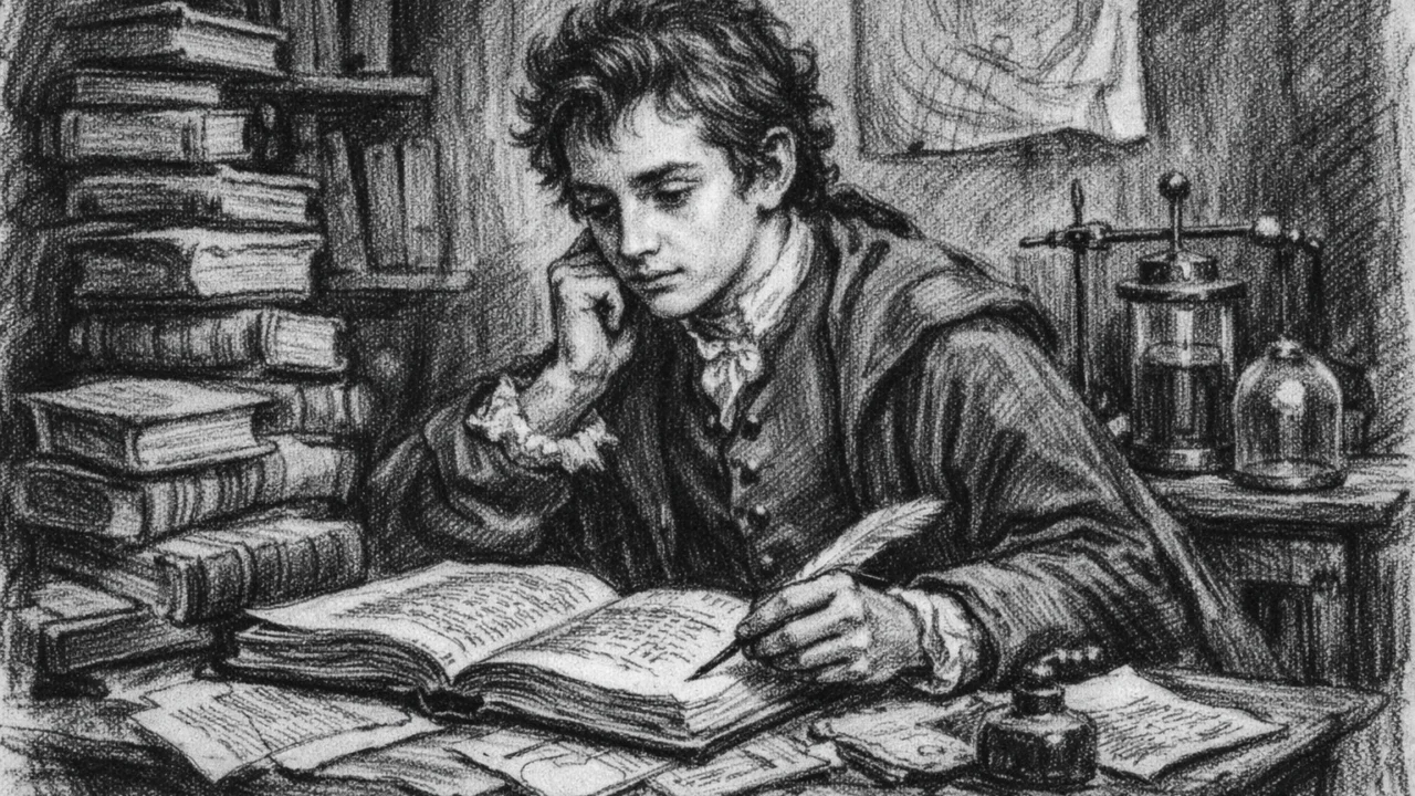 Alessandro Volta kao učenik u isusovačkoj školi, znanstveni studij prikazan u ugalj stilu