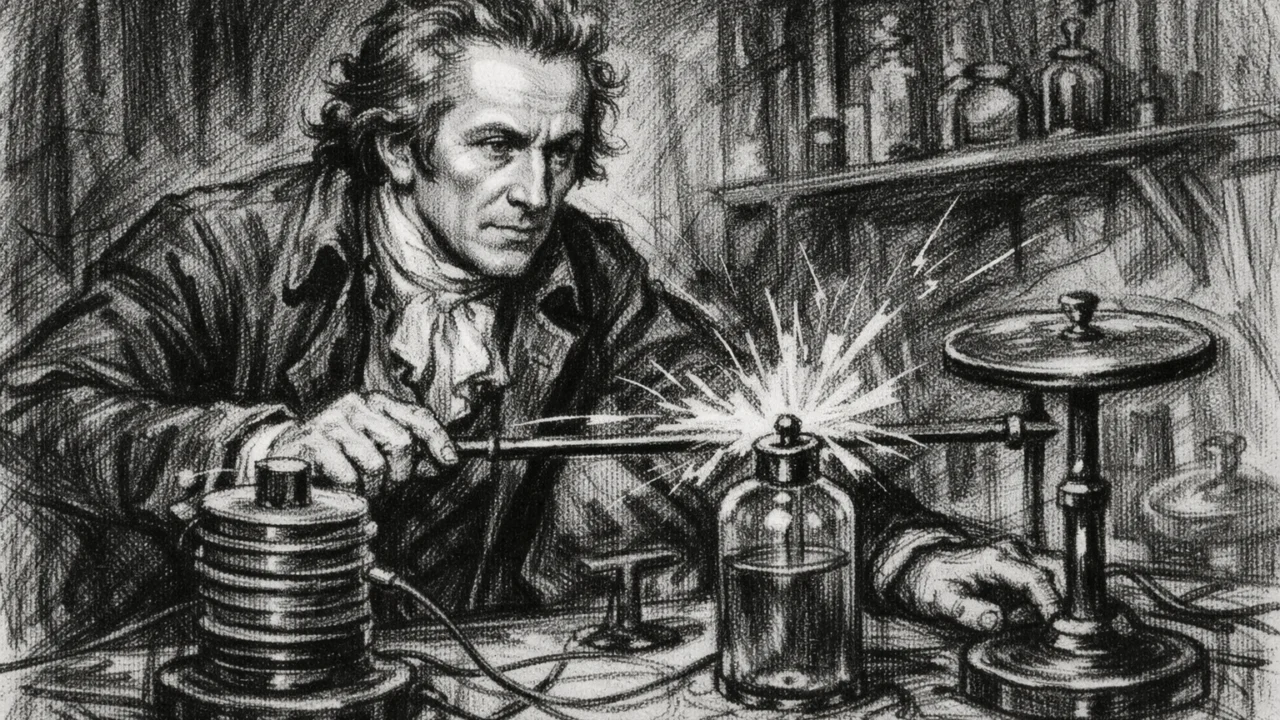 Alessandro Volta tijekom ranih eksperimenata s elektricitetom, ilustrirano u ugalj stilu