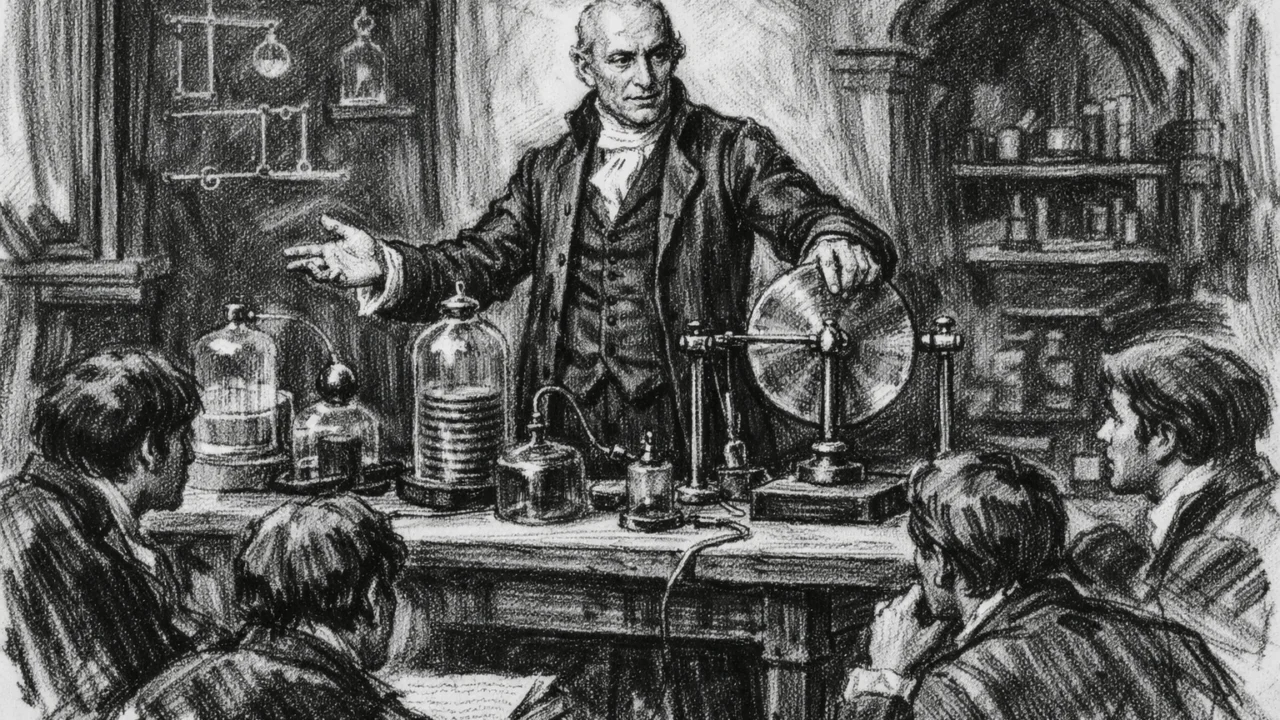 Profesor Alessandro Volta predaje eksperimentalnu fiziku na Sveučilištu u Paviji u ugalj stilu