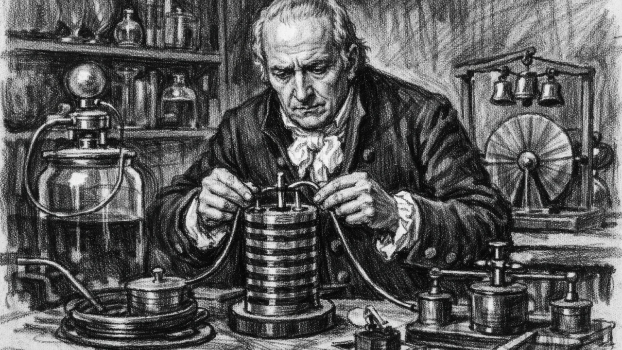 Alessandro Volta u svom laboratoriju okružen znanstvenim instrumentima, prikaz u ugalj stilu