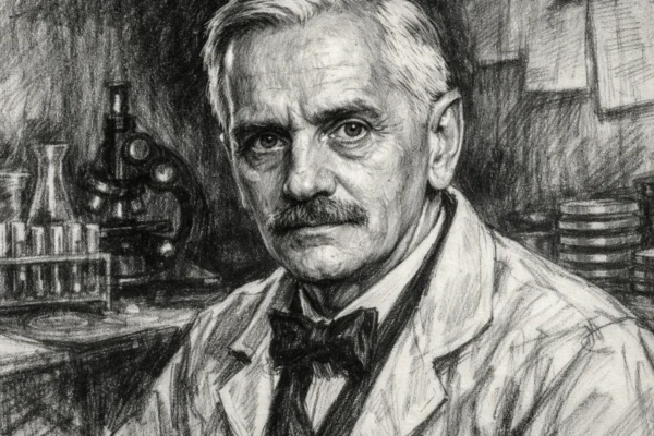 Portret Alexandera Fleminga u ugalj stilu, crno-bijeli crtež s naglašenim kontrastom koji prikazuje poznatog znanstvenika.