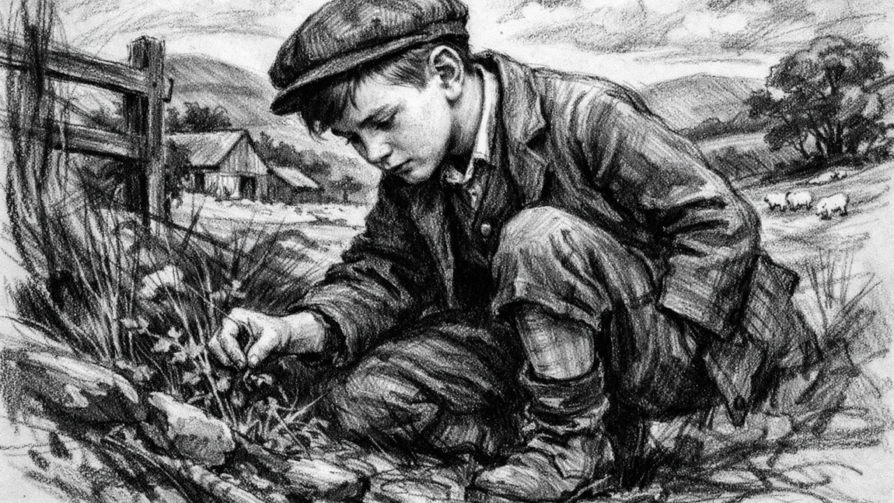 Mladi Alexander Fleming na škotskom imanju, prikazan u ugalj stilu s naglaskom na promatranje prirode.