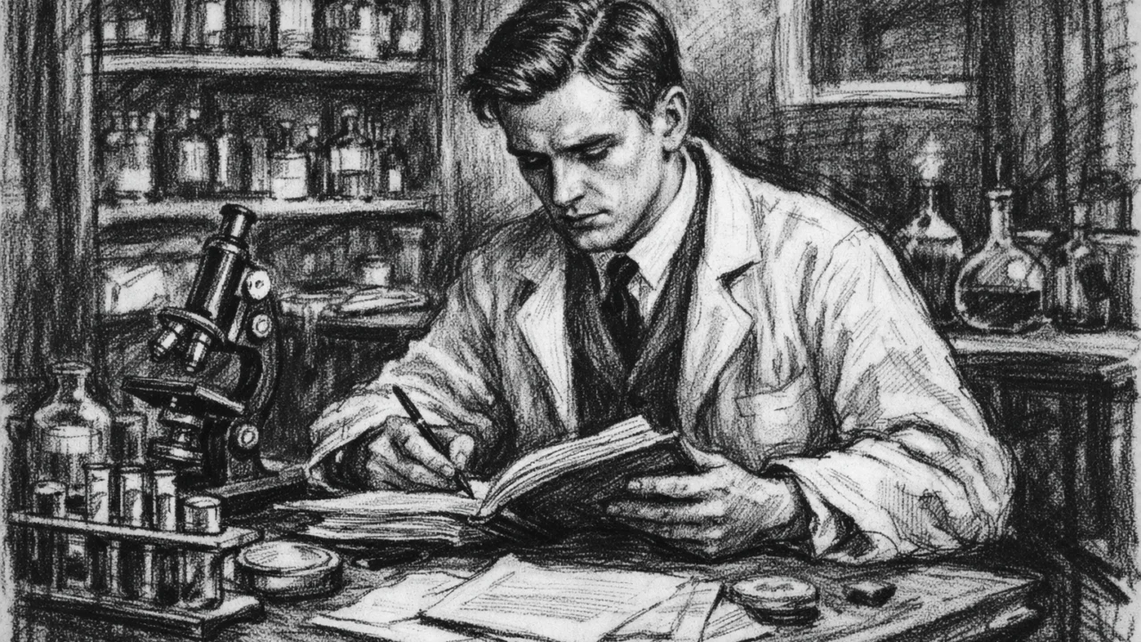 Alexander Fleming kao student medicine u laboratoriju, nacrtan u ugalj stilu s crno-bijelim kontrastom.