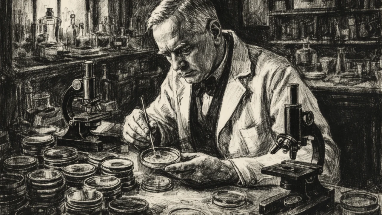 Alexander Fleming u znanstvenom laboratoriju, prikazan u ugalj stilu tijekom istraživanja bakterija.