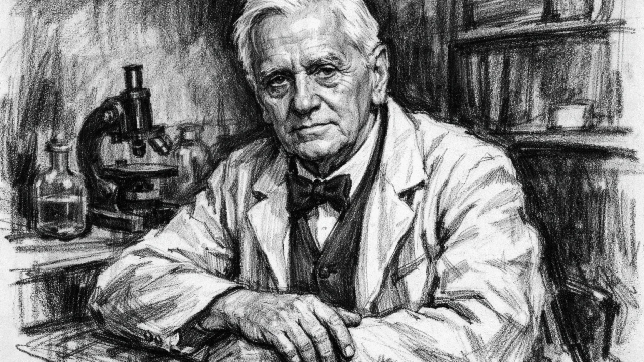 Stariji Alexander Fleming kao ugledni znanstvenik, prikazan u ugalj stilu s izražajnim linijama.